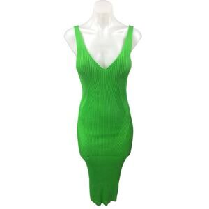 NEW H&M Green Rib Knit Sleeveless V-Neck Cami Camisole Midi Bodycon Tank Dress M
